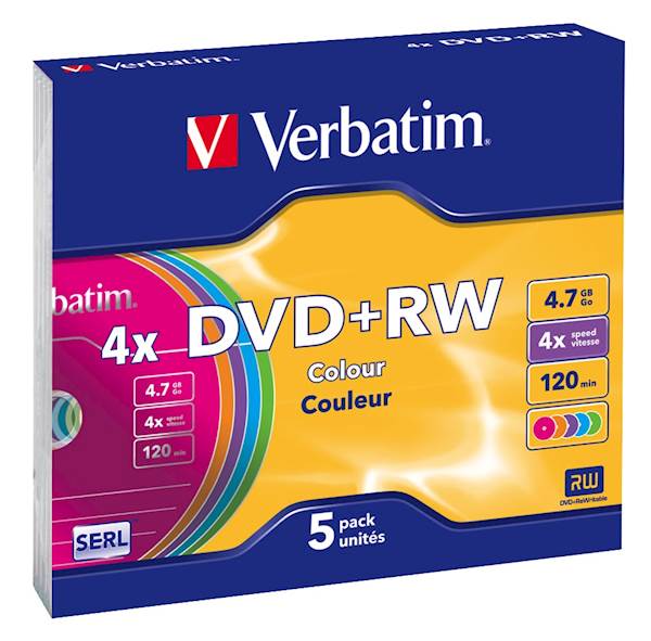 DVD+RW MEDIJ VERBATIM 5PK SC 4X 4,7GB slim case COLOR