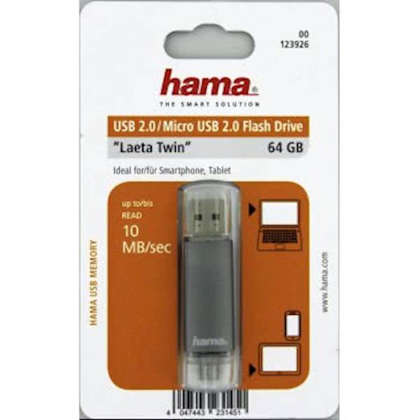 USB HAMA LAETA TWIN 2.0 64GB, 10MB/S, SIVI
